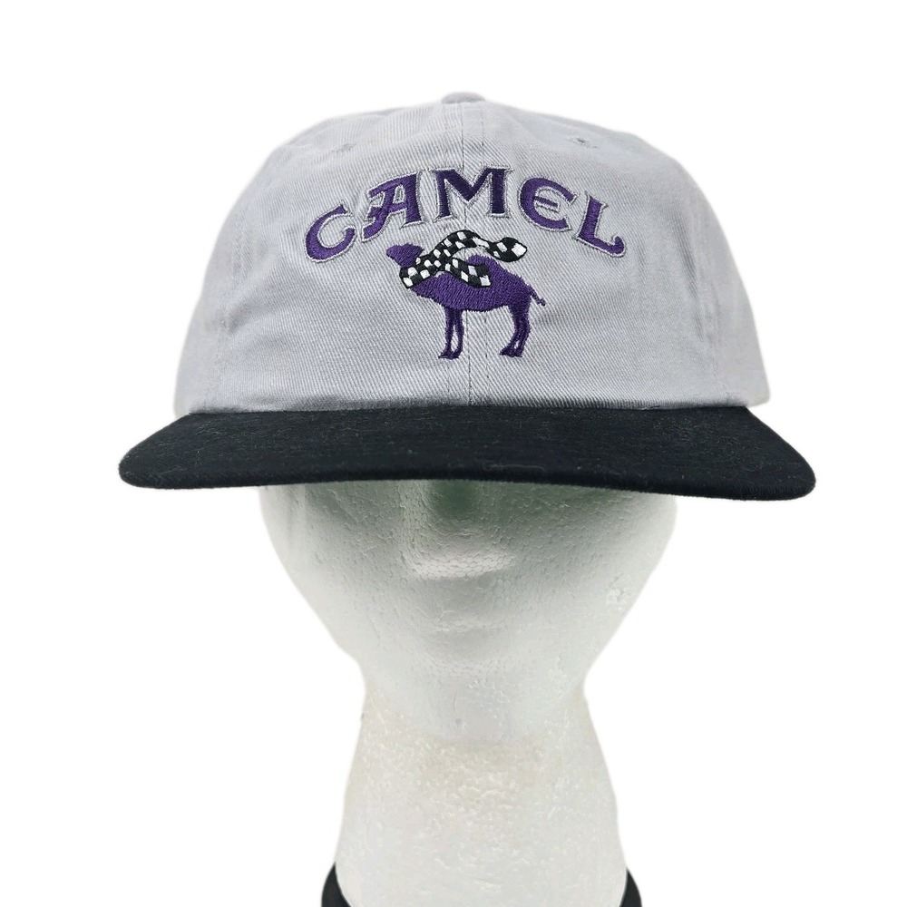 Vtg 90s Camel Smokin' Joe Racing Hat Cap Cotton Strap Back Gray Black Purple NOS